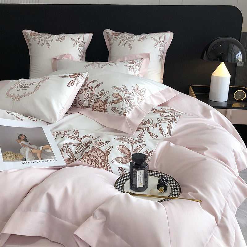 Burgundy American Pastoral Flowers Bird Embroidered Duvet Cover Set, 1000TC Egyptian Cotton Bedding Set