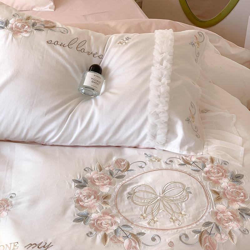 Luxury White Pink Rose Patchwork Lace Ruffles Wedding Duvet Cover, 1000TC Egyptian Cotton Bedding Set