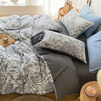 Thumbnail for Blue Grey Jacquard Leaf Vintage Flower Bush Duvet Cover Set, Washed Cotton Bedding Set