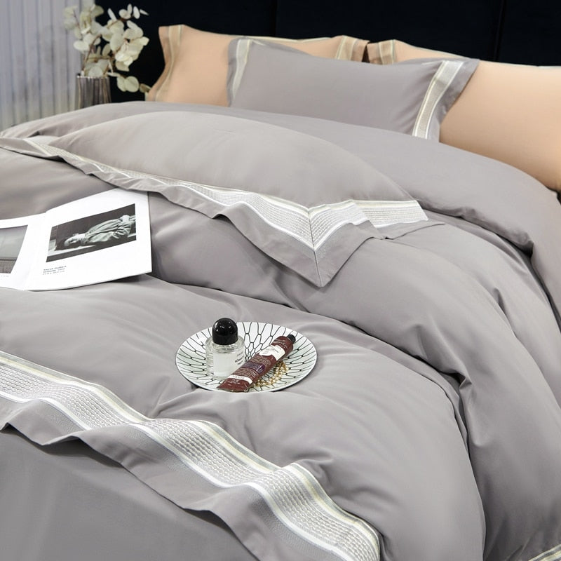 Luxury Pink Grey Brushed Embroidery Long Striped Duvet Cover, 1400TC Egyptian Cotton Bedding Set