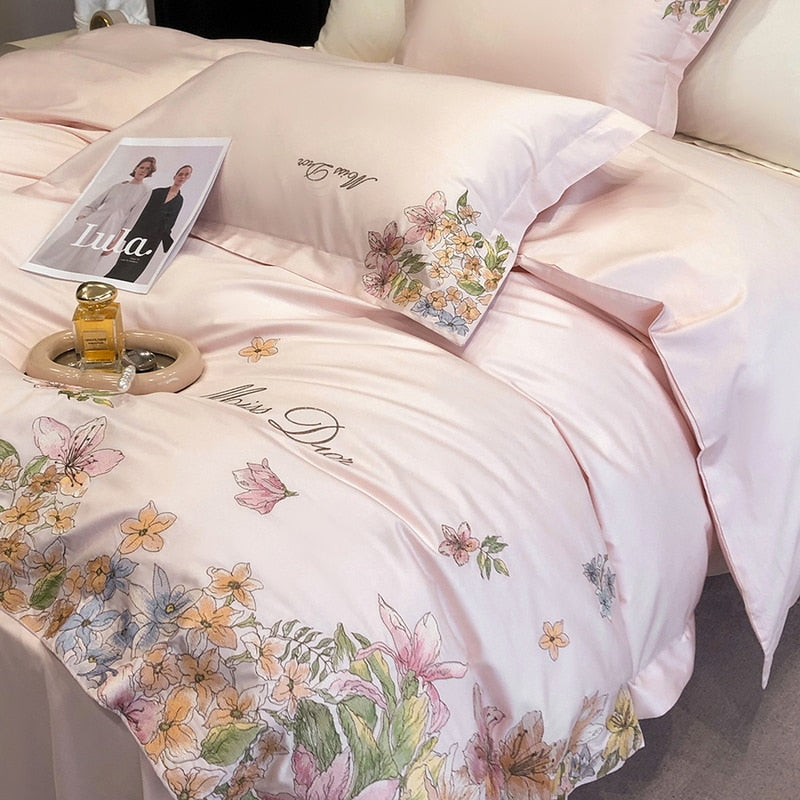 Pink White Lilly Flower Embroidery Egyptian Cotton Luxury Duvet Cover Bedding Set