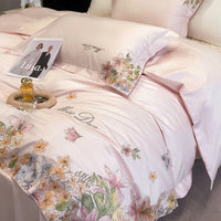 Thumbnail for Pink White Lilly Flower Embroidery Egyptian Cotton Luxury Duvet Cover Bedding Set