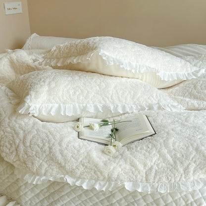 Premium White Green Warm Winter Fluffy Short Plush Flowers Carved Duvet Cover Set, Velvet Fleece Bedding Set