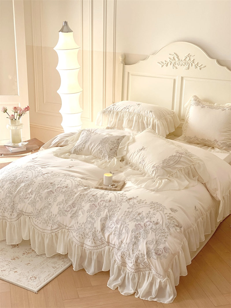 Luxury Rose Light Pink Embroidered Wedding Lace Ruffles Duvet Cover, 1400TC Egyptian Cotton Bedding Set