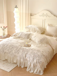 Thumbnail for Luxury Rose Light Pink Embroidered Wedding Lace Ruffles Duvet Cover, 1400TC Egyptian Cotton Bedding Set