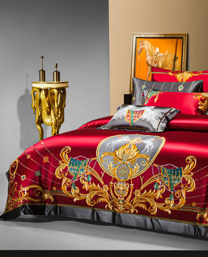 Luxury Red Gold European Horse Jacquard Embroidered Wedding Duvet Cover Set, 1200TC Egyptian Cotton Bedding Set