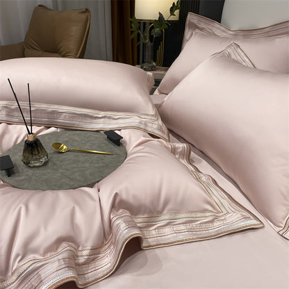 Premium Blue Pink Long Striped Hotel Grade Satin Silky Embroidered Duvet Cover Set, 1200TC Egyptian Cotton Bedding Set