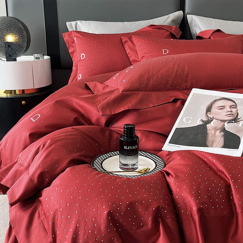 Star Rhinestone Black Red Egyptian Cotton Luxury Silky Duvet Cover Bedding Set