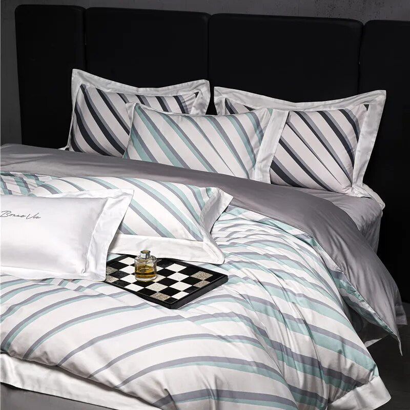 Luxury Grey Modern Black Stripe Duvet Cover Set, 1000TC Egyptian Cotton Bedding Set