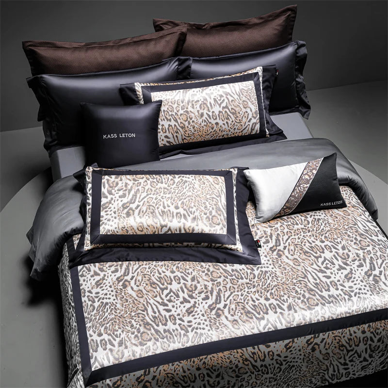Luxury Black Europe Sexy Leopard Print Silky Soft Duvet Cover Set 1400TC Egyptian Cotton Bedding Set