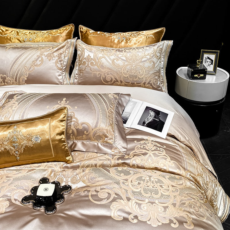 Gold Champagne Vintage Luxury European Silky Jacquard Egyptian Cotton 1000TC Duvet Cover Bedding Set