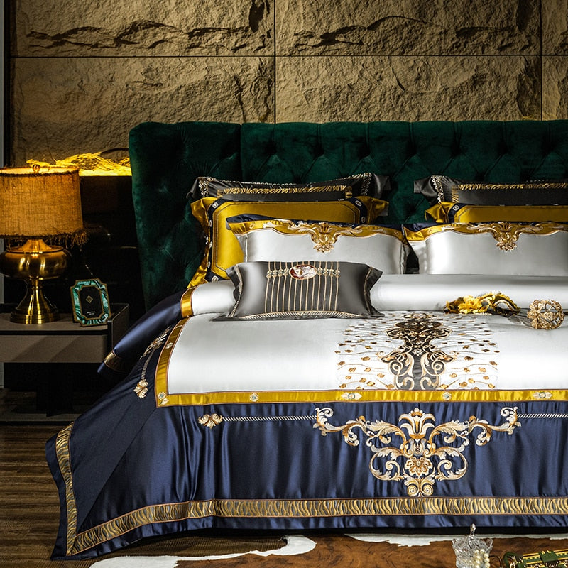 Luxury Gold Blue Baroque Europe Silk Embroidered Duvet Cover Set, 1200TC Egyptian Cotton Bedding Set