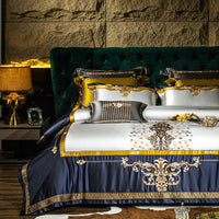 Thumbnail for Luxury Gold Blue Baroque Europe Silk Embroidered Duvet Cover Set, 1200TC Egyptian Cotton Bedding Set