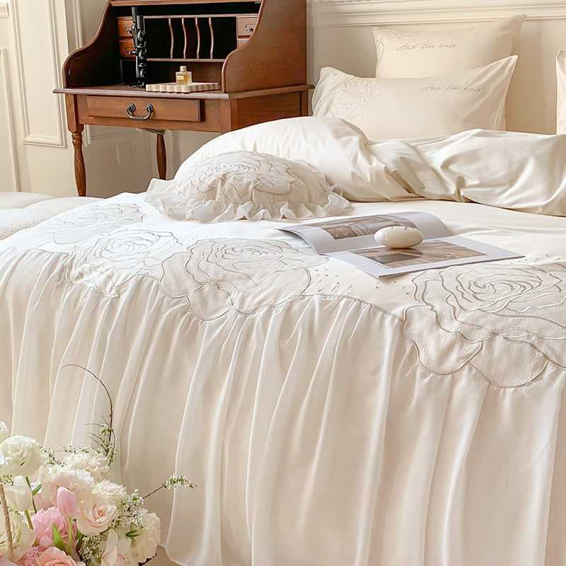 Pink White Rose Luxury Princess Wedding Flowers Chiffon Lace Duvet Cover, 1000TC Egyptian Cotton Bedding Set