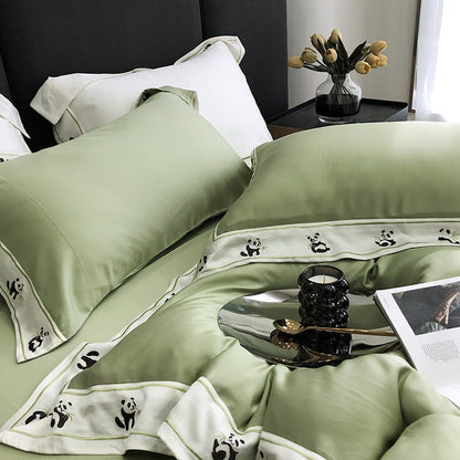 Natural White Green Panda Soft Cool Embroidered Duvet Cover Set, Bamboo Fiber 800TC Bedding Set