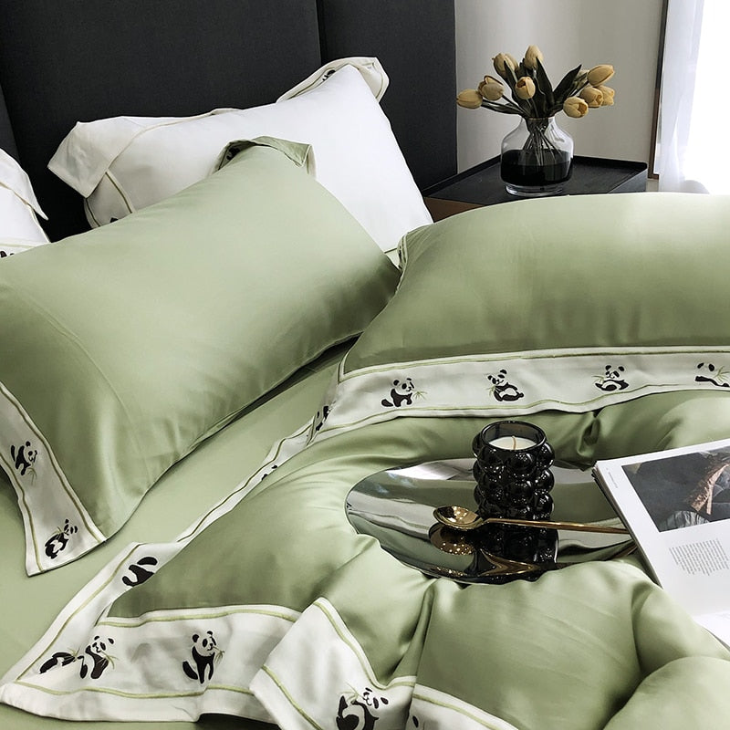 White Green Soft Cool Panda Embroidered Duvet Cover Set, Tencel 800TC Bedding Set