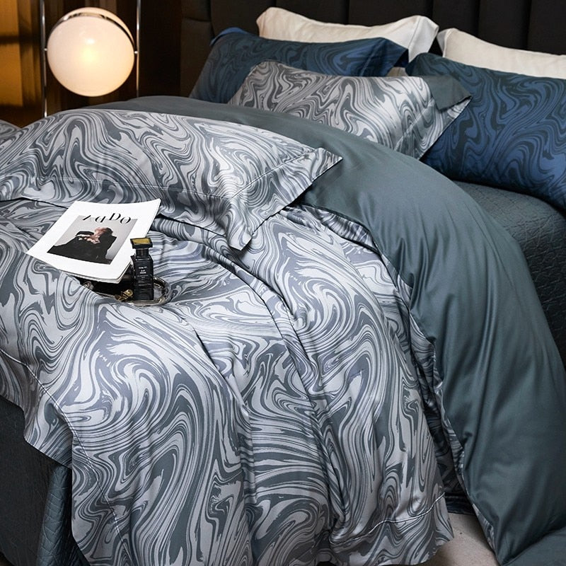 Premium Wave Marble Blue Grey Egyptian Cotton 1000TC Soft Silky Duvet Cover Bedding Set