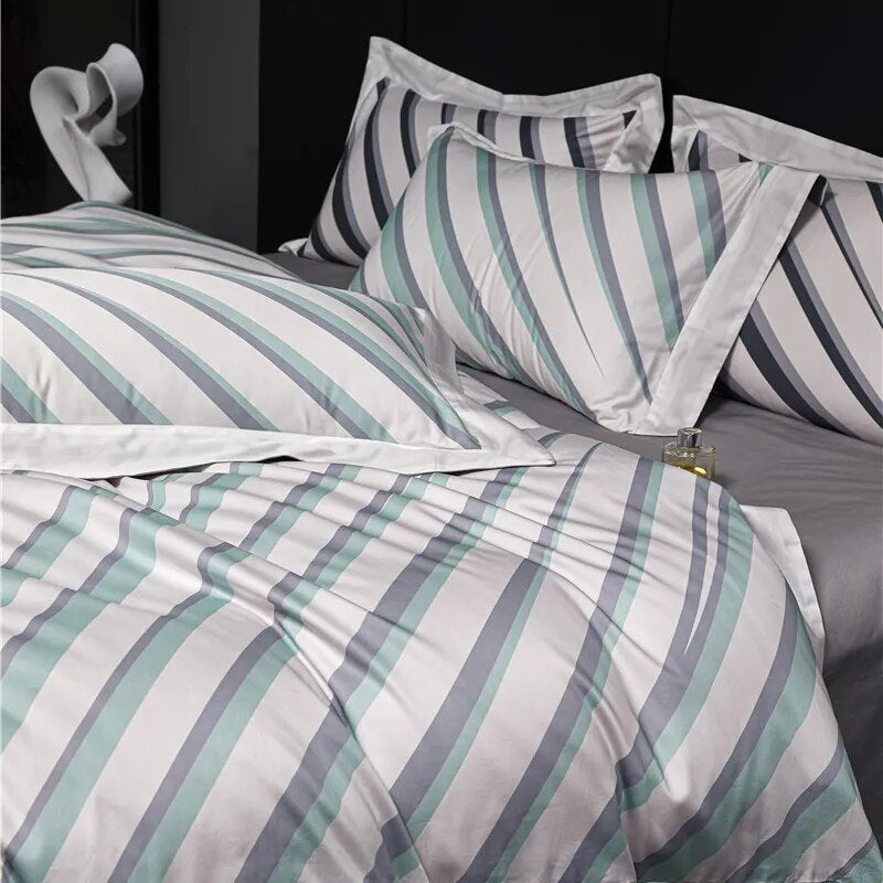 Luxury Grey Modern Black Stripe Duvet Cover Set, 1000TC Egyptian Cotton Bedding Set