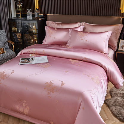 Pink Flower Satin Jacquard Embroidery Family Duvet Cover Bedding Set