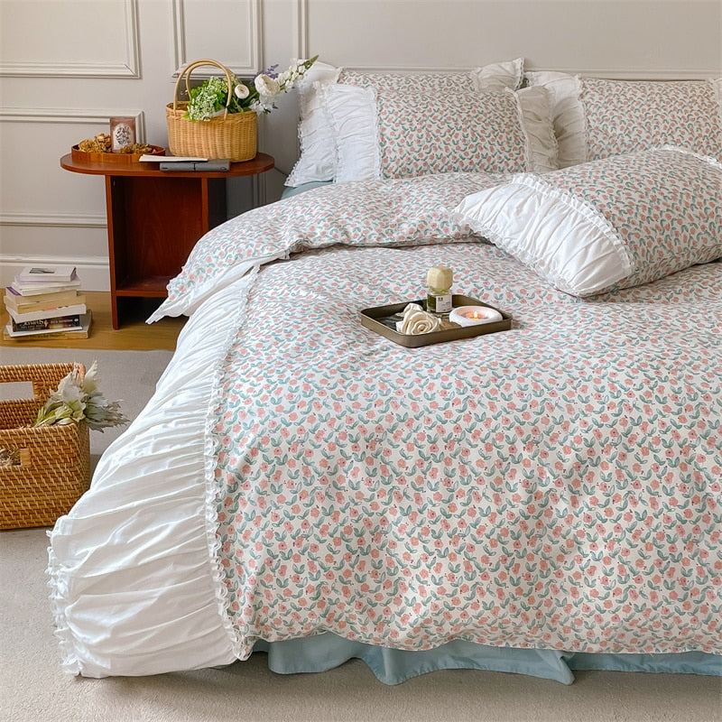 French Vintage White Green Patchwork Floral Ruffles Duvet Cover Set, 400TC Cotton Bedding Set