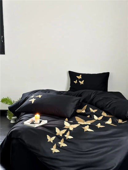 Golden Black Luxury Chic Butterfly Embroidered Duvet Cover Set, 1000TC Egyptian Cotton Bedding Set