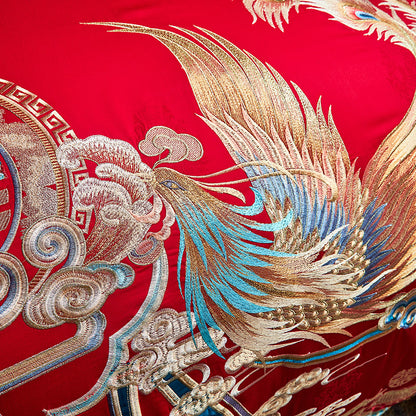 Red Gold Cloud Dragon Phoenix Wealth Wedding Tassel Duvet Cover Set, 1200TC Egyptian Cotton Bedding Set