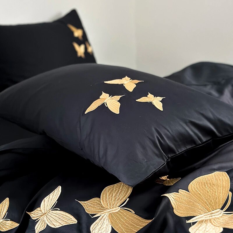 Black Gold Butterfly Luxury Europe Embroidery Soft Duvet Cover Set, 1000TC Egyptian Cotton Bedding Set