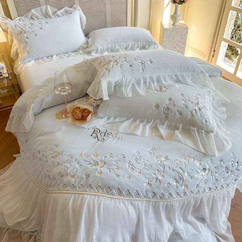 Soft Pink Flowers Embroidery Romantic Lace Ruffles Duvet Cover, Velvet Fleece Bedding Set