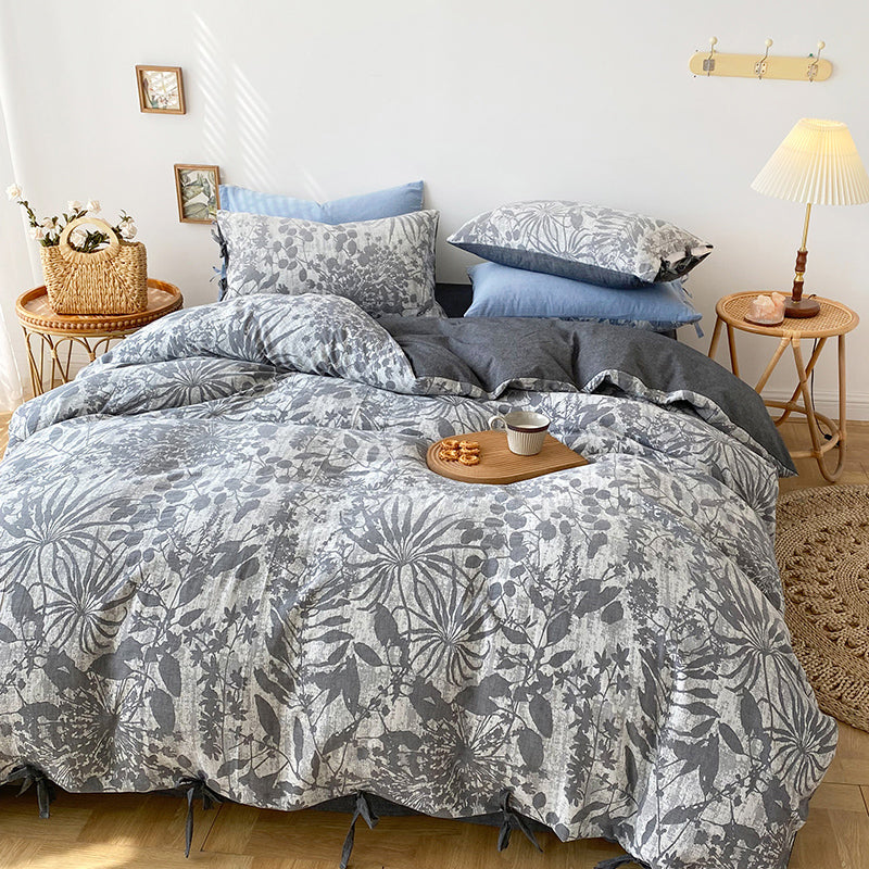 Blue Grey Jacquard Leaf Vintage Flower Bush Duvet Cover Set, Washed Cotton Bedding Set