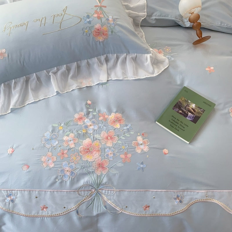 Pink Blue Luxury Romantic Lace Ruffles Flowers Wedding Duvet Cover, Egyptian Cotton 1200TC Bedding Set