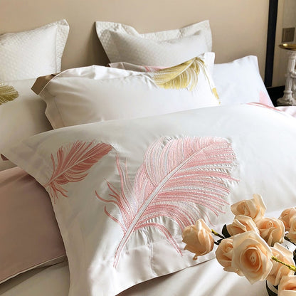 Gold Pink Premium Feather Europe Embroidered Duvet Cover Set, 1000TC Egyptian Cotton Bedding Set