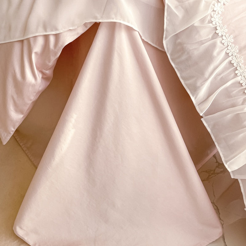 White Pink Rose French Princess Chiffon Lace Edge Duvet Cover, 1000TC Egyptian Cotton Bedding Set