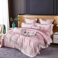 Thumbnail for Champagne Pink Luxury French Wedding Embroidery Silk Europe Palace Duvet Cover, Egyptian Cotton 1200TC Bedding Set