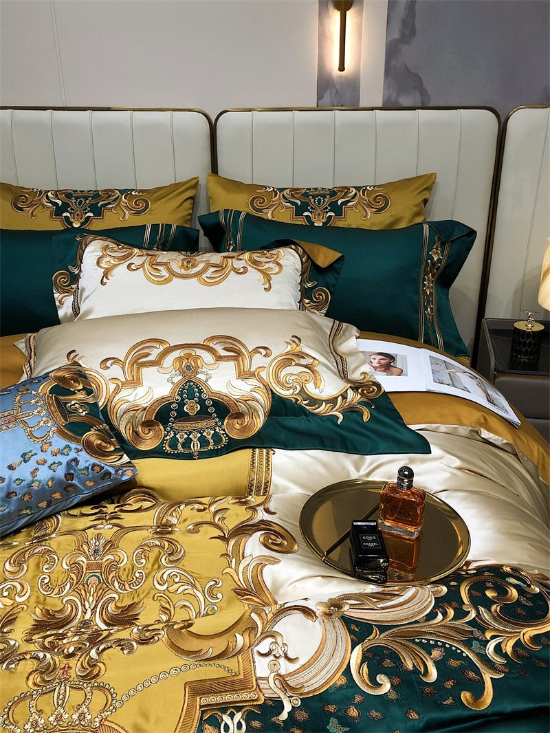 Luxury Gold Green Baroque Vintage Silk Embroidered Duvet Cover Set, 1200TC Egyptian Cotton Bedding Set