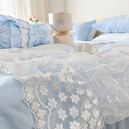 Pink White Flower Princess Wedding Bed Skirt Duvet Cover Set, 100% Cotton Bedding Set