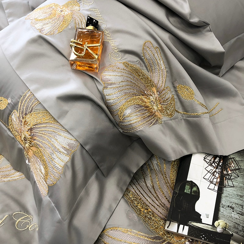 Luxury Gold Brown Lotus Flower Soft Duvet Cover, 1000TC Egyptian Cotton Bedding Set