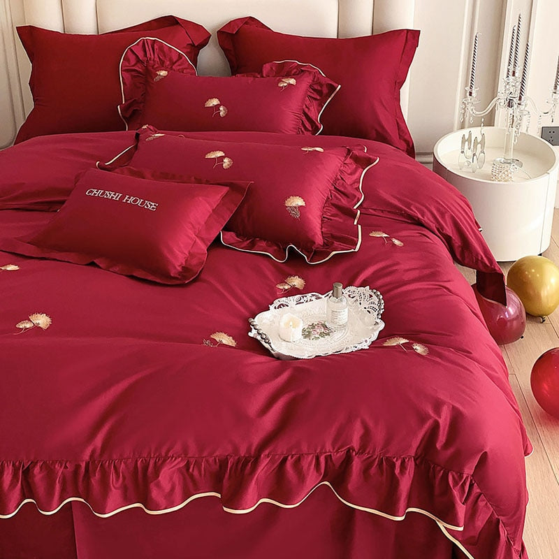 White Red Burgundy French Flower Embroidered Lace Ruffles Duvet Cover Set, 1000TC Egyptian Cotton Bedding Set