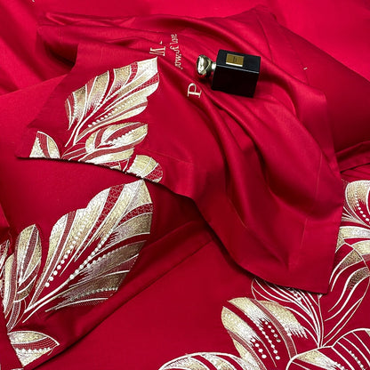 Gold Pink Cotton 100% Luxury Flower Embroidered Wedding Duvet Cover Bedding Set