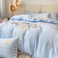 Thumbnail for Premium White Rose Sweet Embroidery Lace Edge Duvet Cover Set, Egyptian Cotton Bedding Set