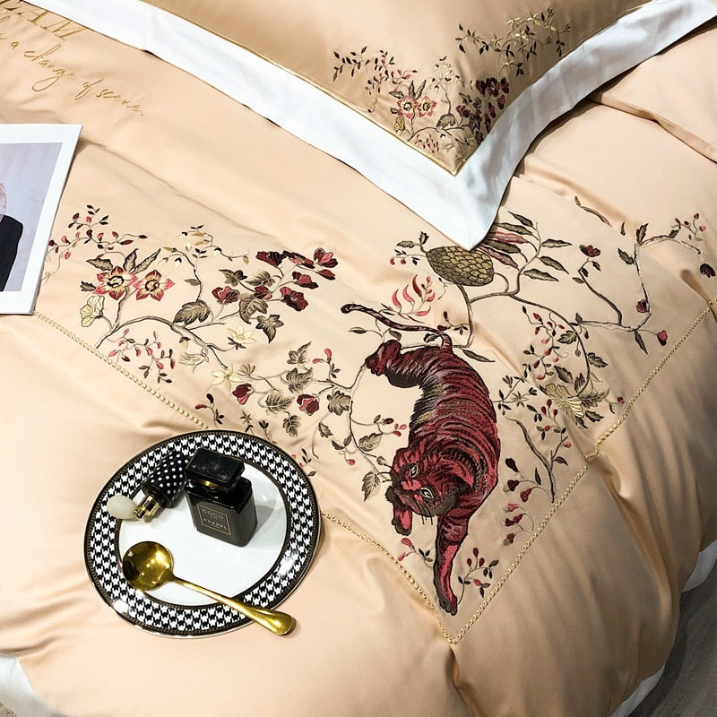 Luxury Tiger Bird American Style Plants Embroidery Duvet Cover, 1000TC Egyptian Cotton Bedding Set