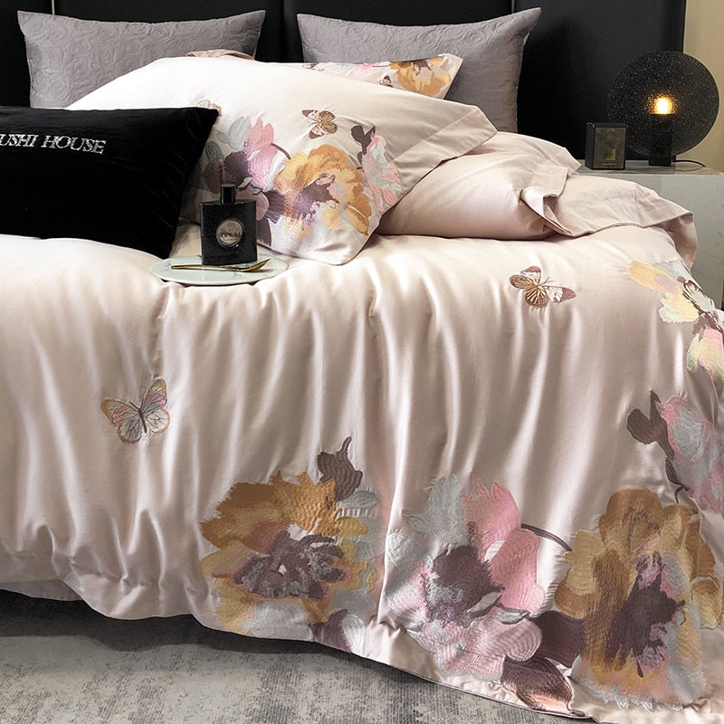 White Grey Luxury Flower Egyptian Cotton 1000TC Art Paint Embroidery Duvet Cover Bedding Set