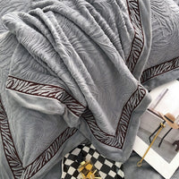 Thumbnail for Brown Grey Premium Carved Zebra Grain Embroidered Jacquard Duvet Cover Set, Plush Velvet Fleece Bedding Set