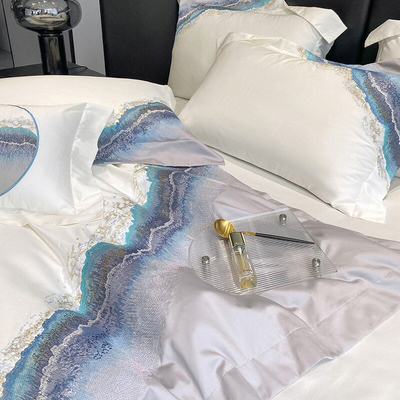 Luxury White Purple Embroidered Digital Art Duvet Cover Set, 1000TC Egyptian Cotton Bedding Set