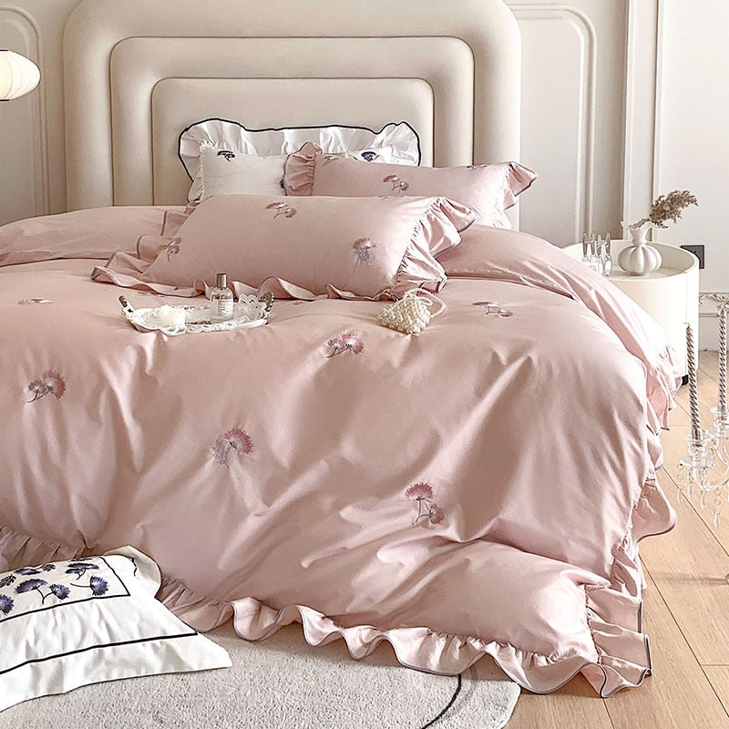 White Red Burgundy French Flower Embroidered Lace Ruffles Duvet Cover Set, 1000TC Egyptian Cotton Bedding Set