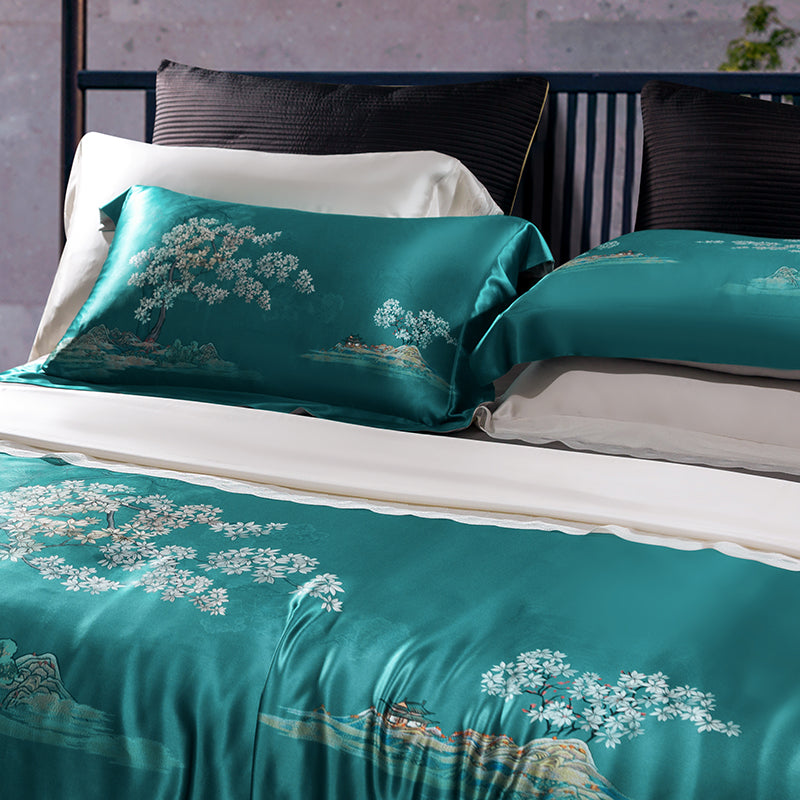 Luxury European Orchid Floral Soft Smooth Mulberry Silk Digital Printing Duvet Cover Set, 100% Pure Silk Bedding Set