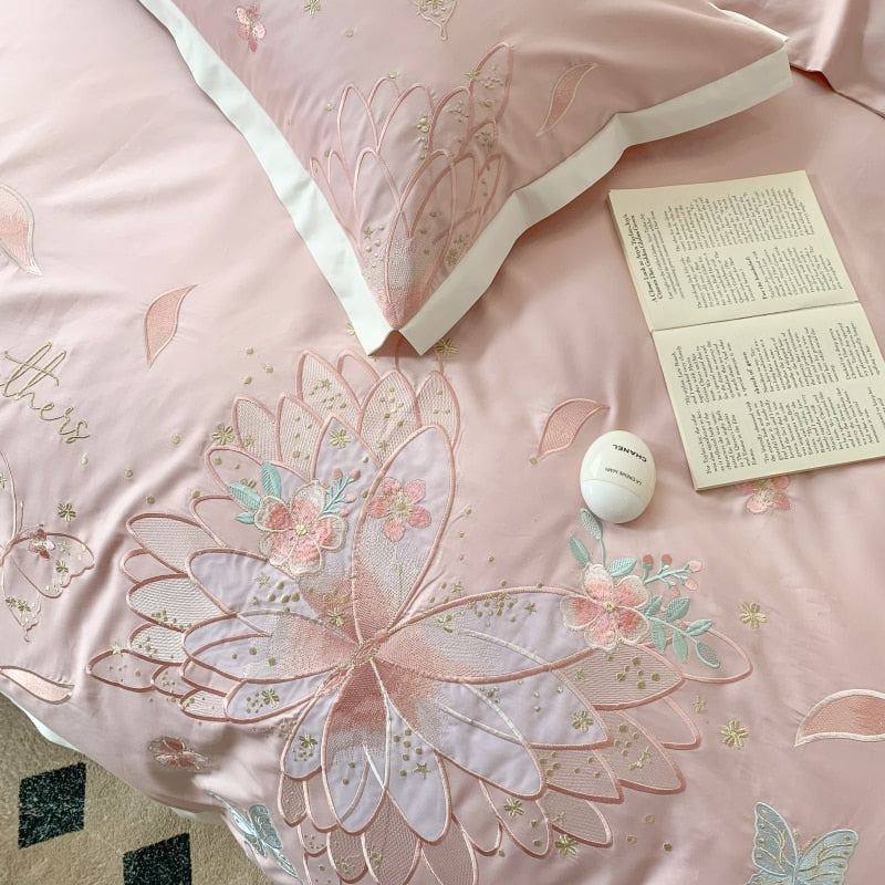 Pink Green Beauty Butterfly Feather Embroidery Duvet Cover, Egyptian Cotton 1200TC Bedding Set