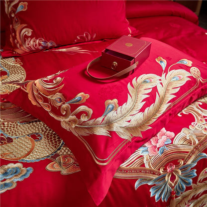 Red Gold Luxury Wedding Dragon Phoenix Embroidery Tassel Duvet Cover, 1400TC Egyptian Cotton Bedding Set