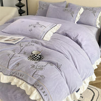 Thumbnail for White Purple Rose Butterfly Super Soft Velvet Warm Cozy Duvet Cover Set, Fleece Fabric Bedding Set