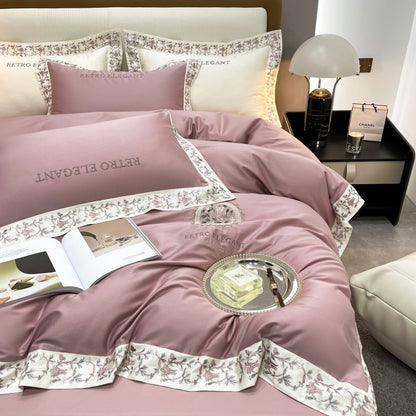 Luxury White Pink Flowers European Embroidered Duvet Cover Set, 1000TC Egyptian Cotton Bedding Set