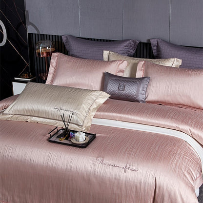 Grey Pink European Luxury Satin Jacquard Embroidery Egyptian Cotton 1000TC Bedding Set